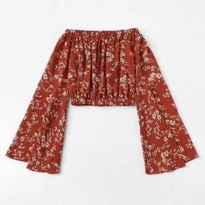 Floral Crop Bardot Fall Flared Sleeves Top  - 2X